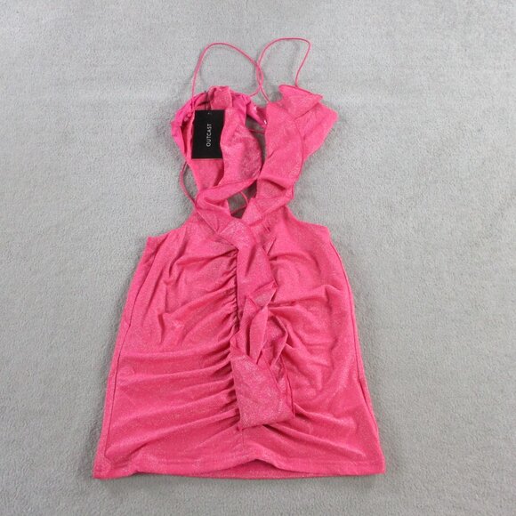 Outcast Miami Mini Dress Womens Small Hot Pink Shimmer Ruffles Party Nightlife - Picture 3 of 9
